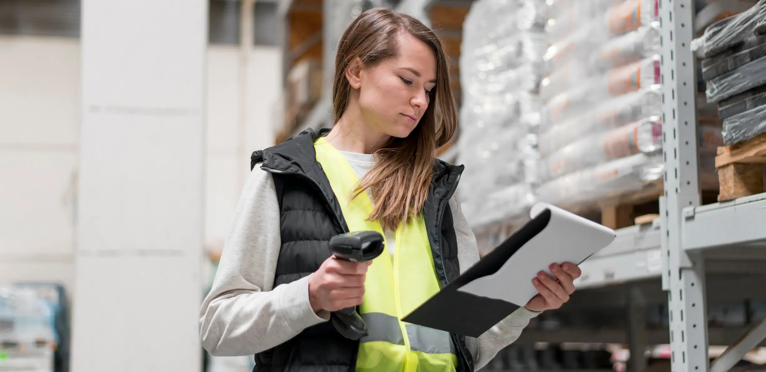 Woman holding a supplier audit checklist in a factory warehouse